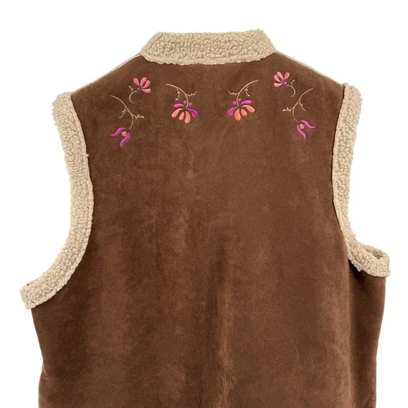 Relativity Womens Large Pre-Owned Faux Suede Brown Embroidered Sherpa Lined Vest - Picture 8 of 17
